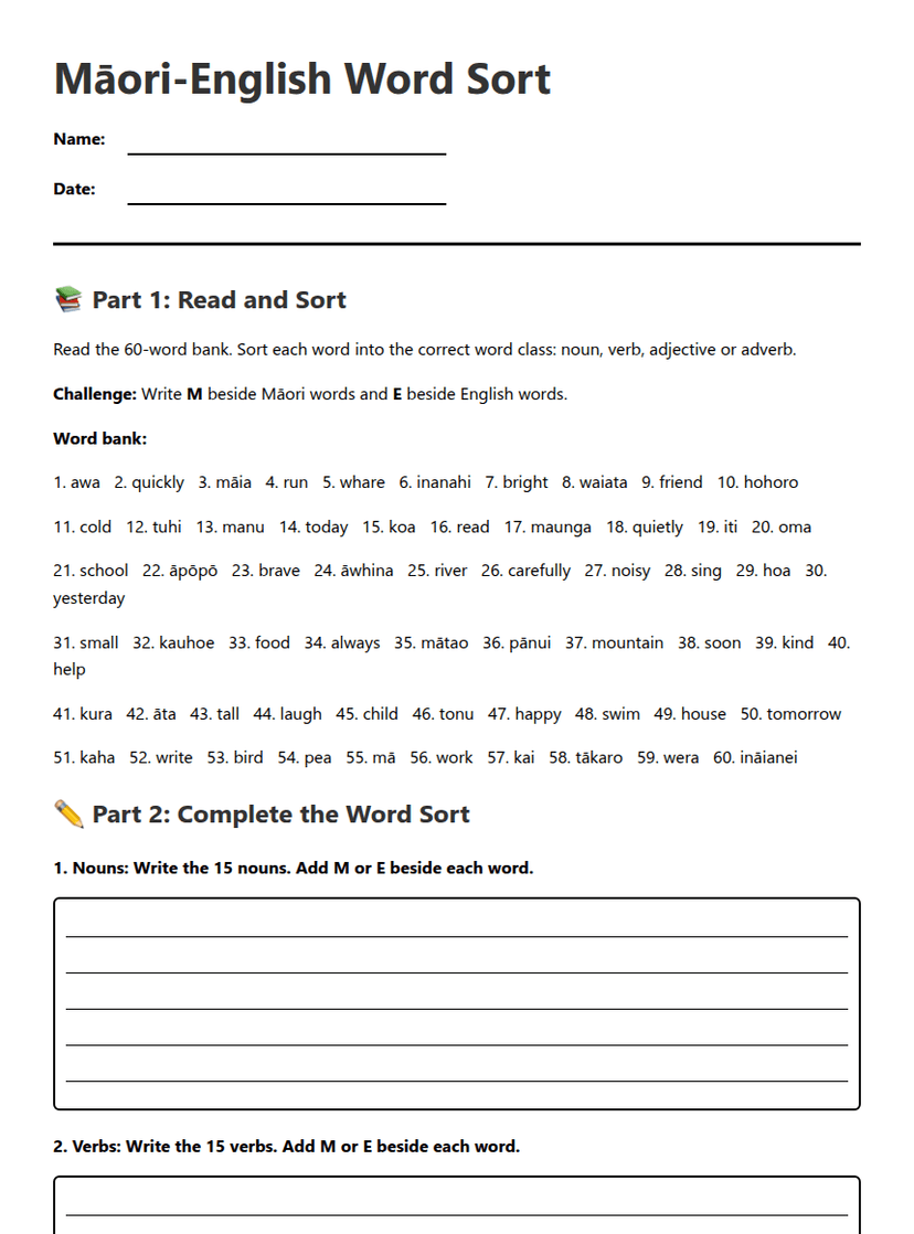 Māori-English Word Sort