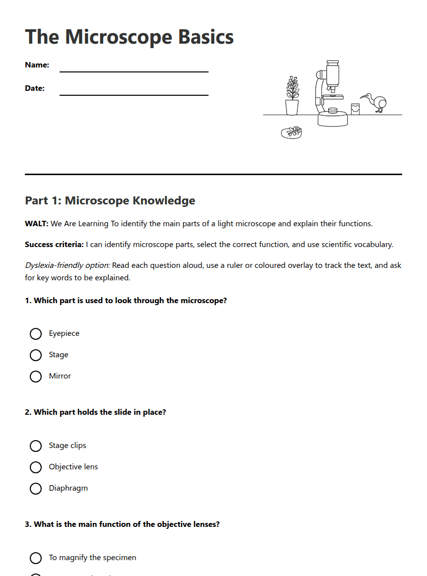 The Microscope Basics worksheet preview