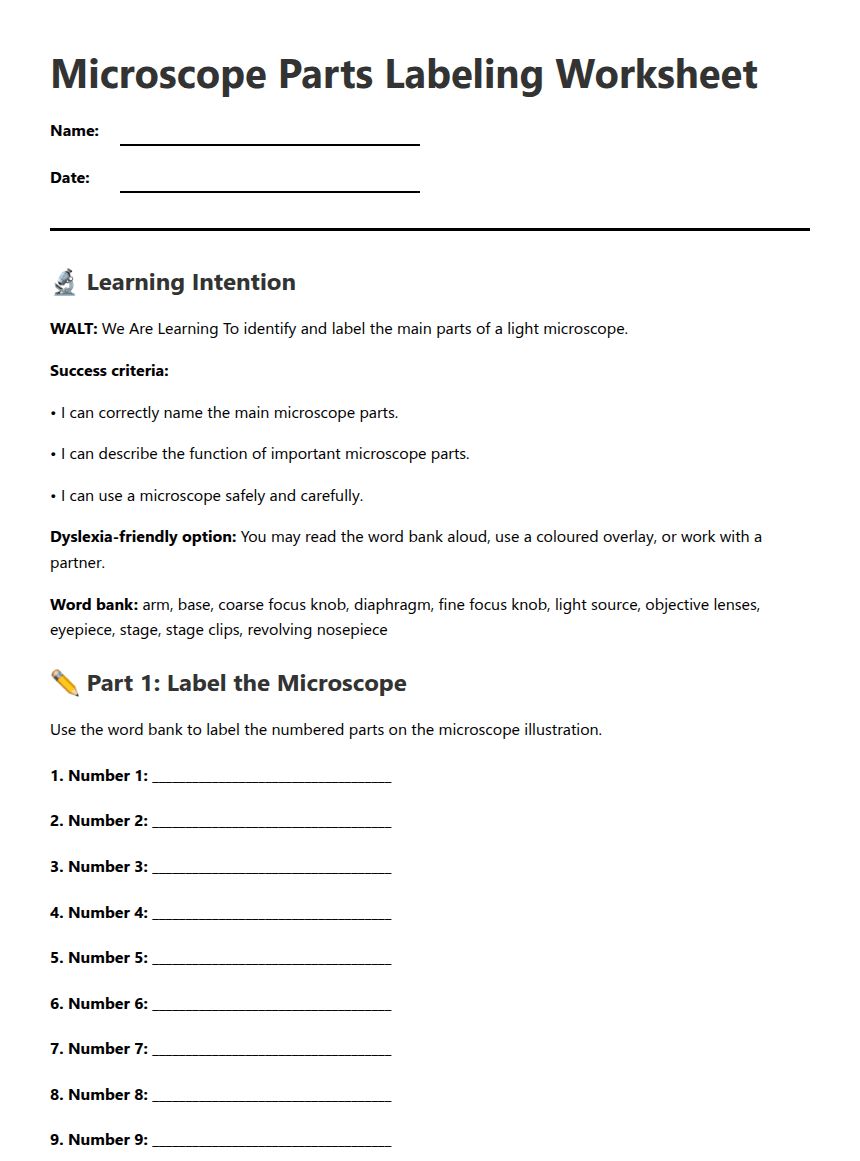 Microscope Parts Labeling Worksheet worksheet preview