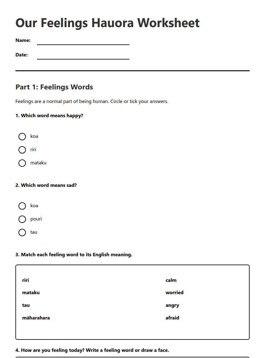 Our Feelings Hauora Worksheet worksheet preview