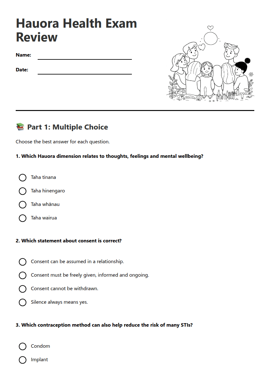 Hauora Health Exam Review worksheet preview