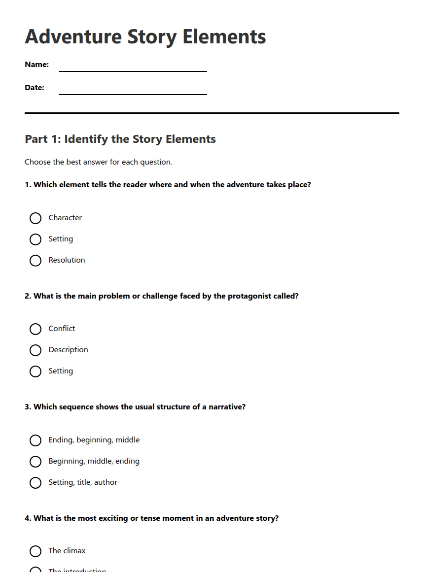 Adventure Story Elements worksheet preview