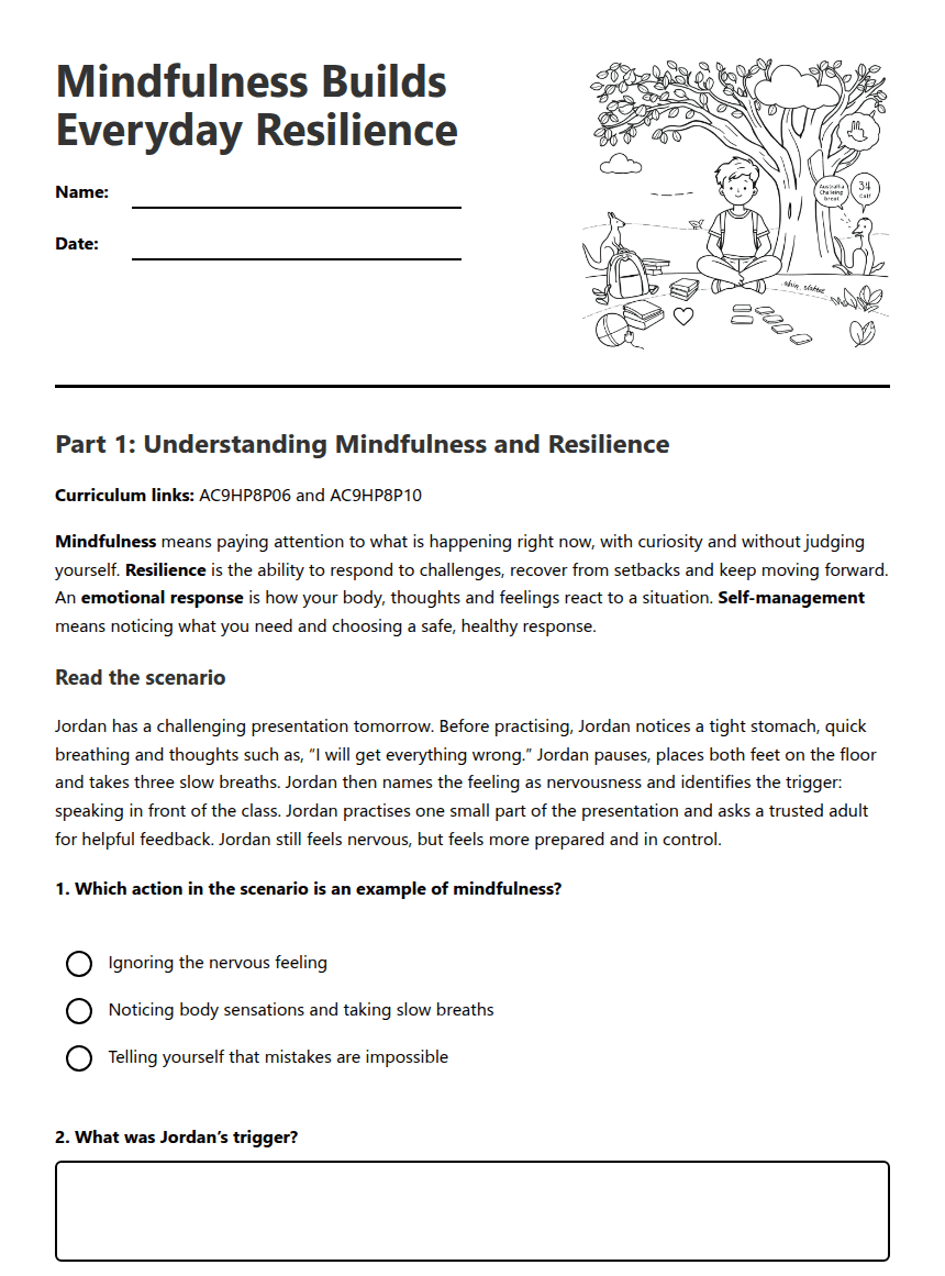 Mindfulness and Resilience Strategies worksheet preview