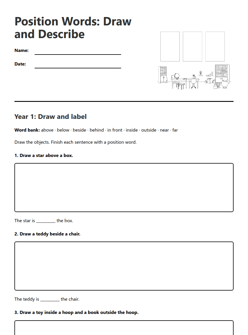Position Words: Draw and Describe worksheet preview