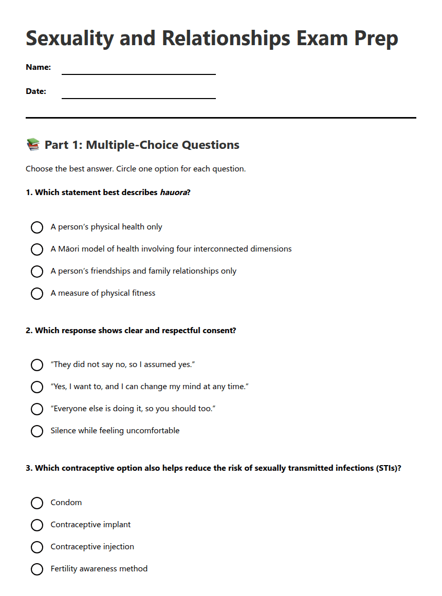 Sexuality and Relationships Exam Prep worksheet preview