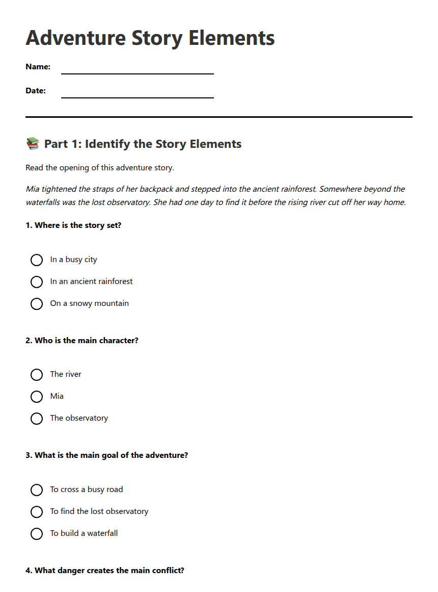 Adventure Story Elements worksheet preview