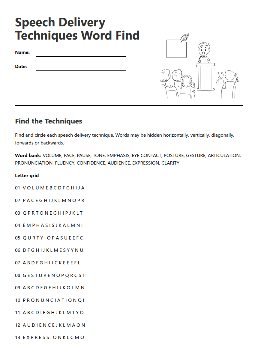 Speech Delivery Techniques Word Find worksheet preview