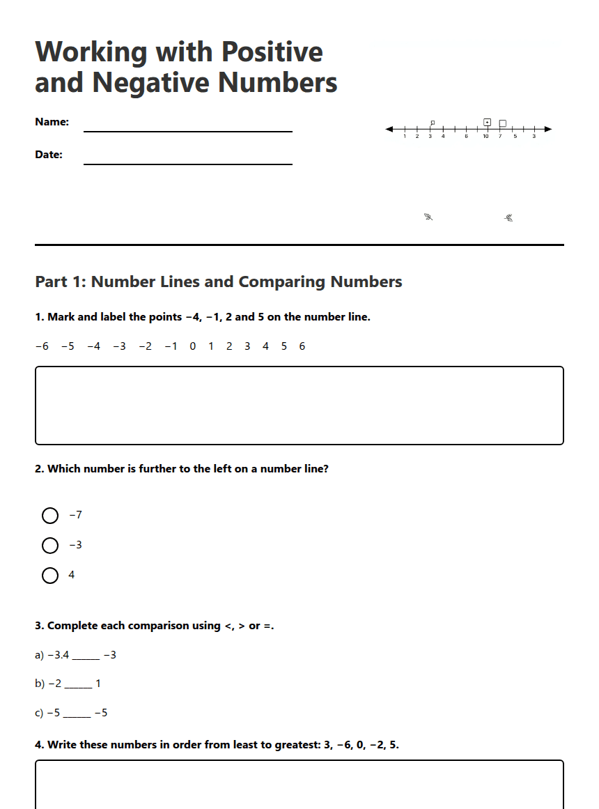 Working with Positive and Negative Numbers worksheet preview