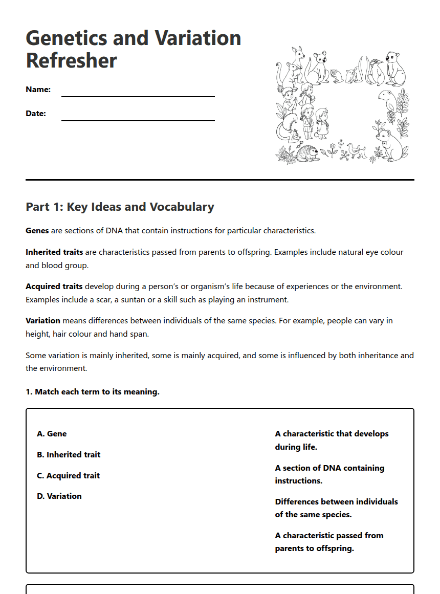 Genetics and Variation Refresher worksheet preview