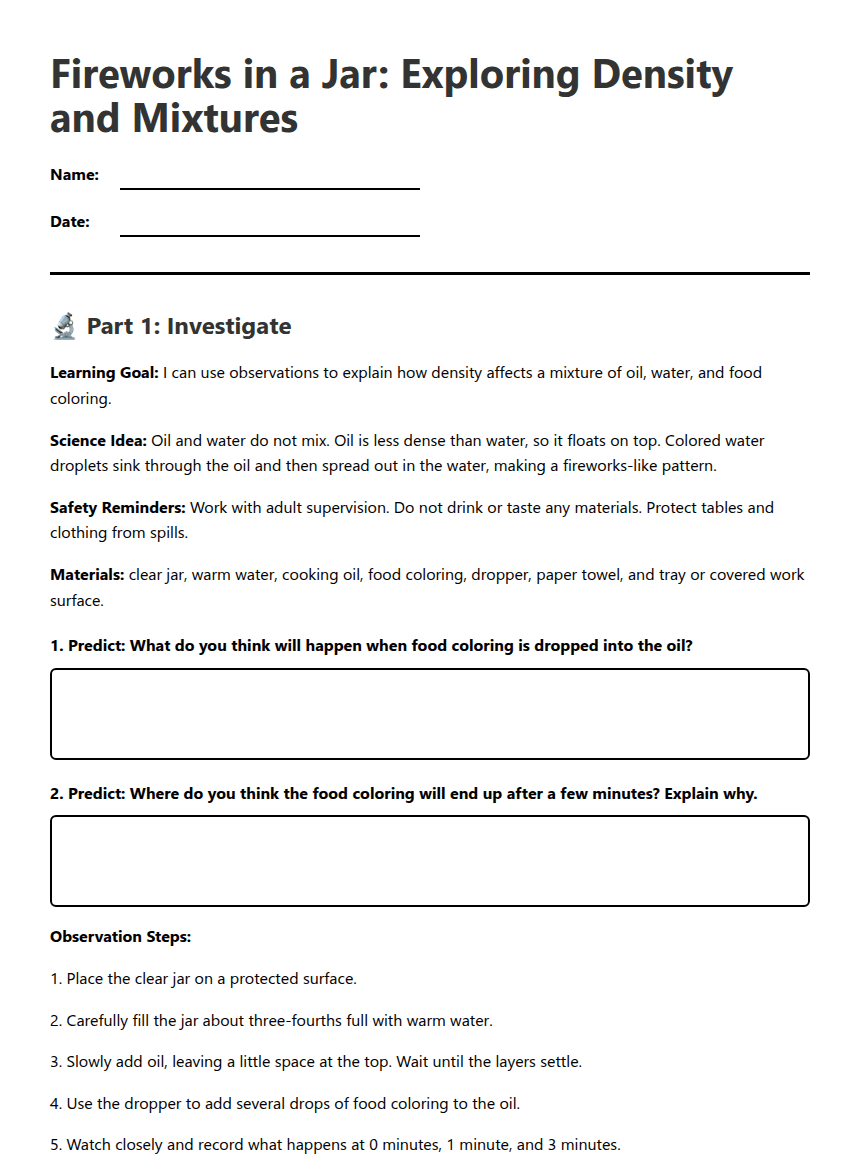 Fireworks in a Jar: Density and Mixtures worksheet preview
