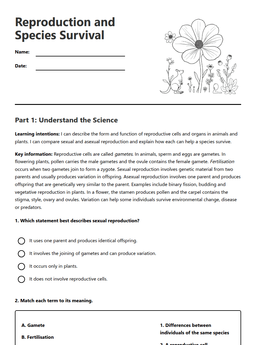 Reproduction and Species Survival worksheet preview