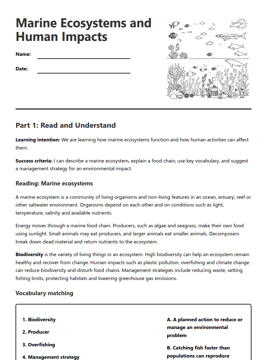 Marine Ecosystems and Impacts worksheet preview