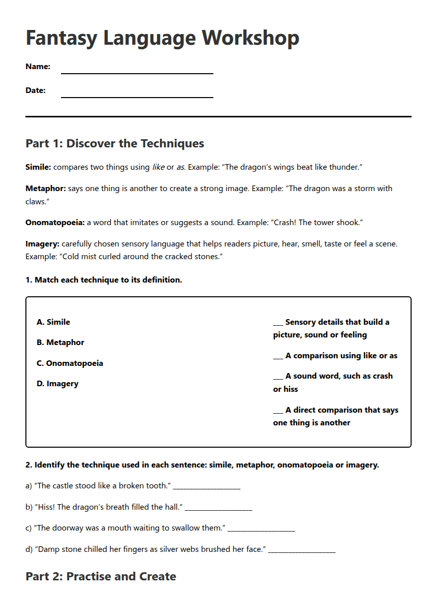 Fantasy Language Workshop worksheet preview