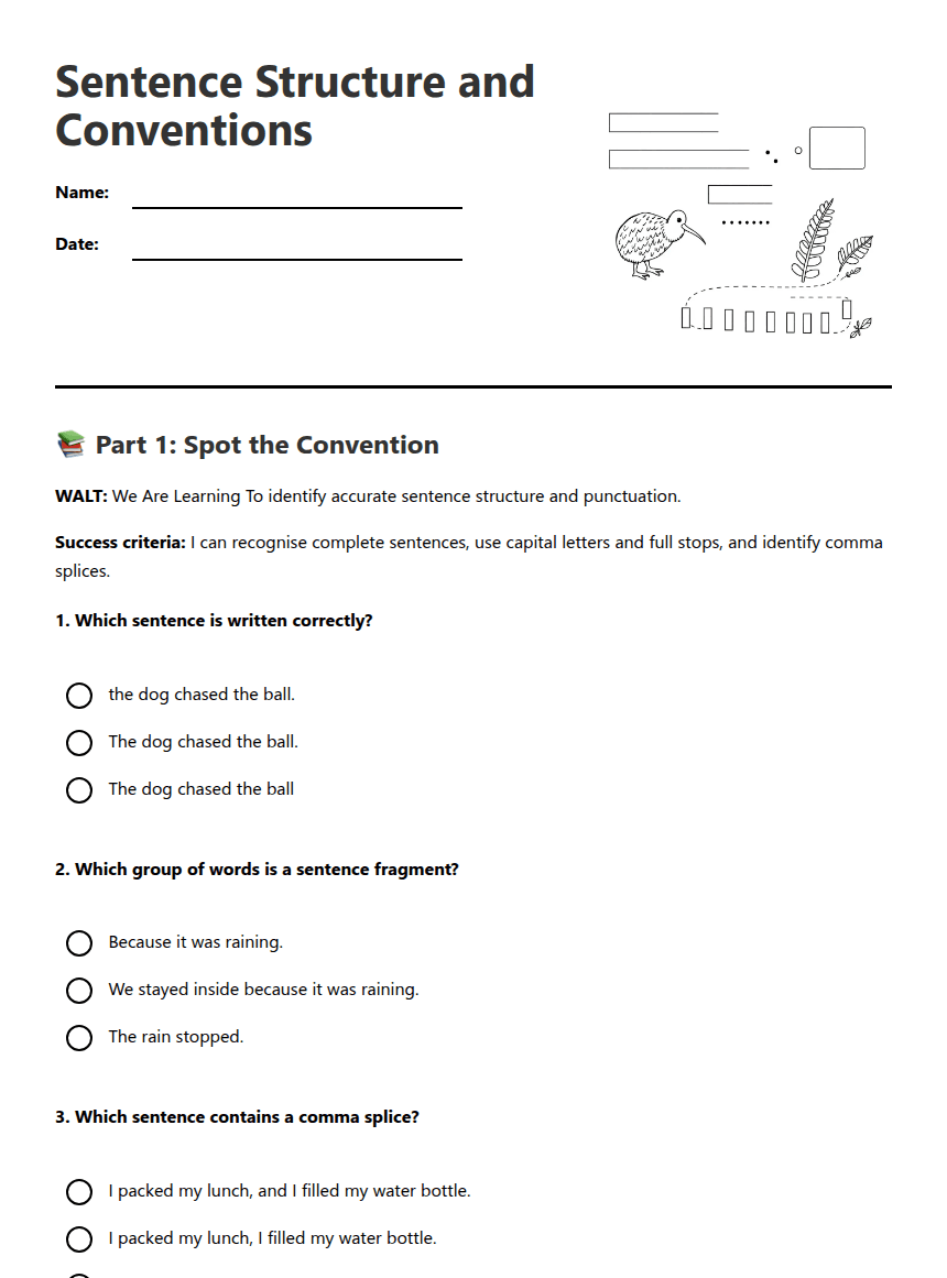 Sentence Structure and Conventions worksheet preview