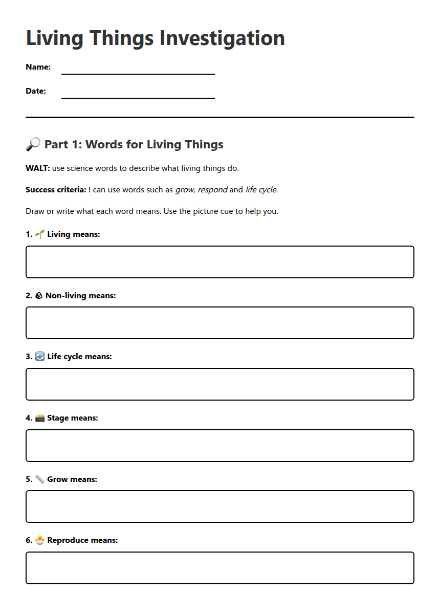 Living Things Investigation worksheet preview