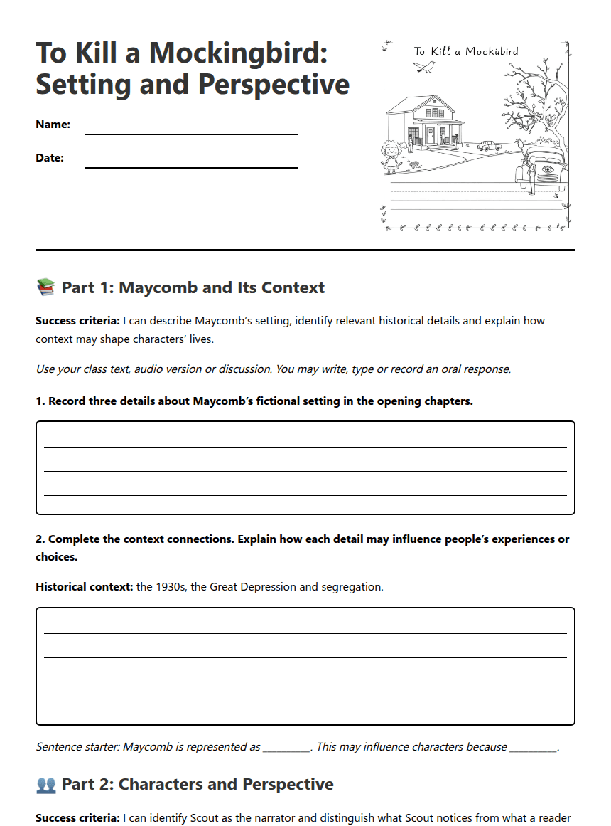 To Kill a Mockingbird: Setting and Perspective worksheet preview
