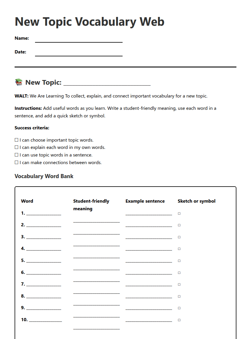 New Topic Vocabulary Web worksheet preview