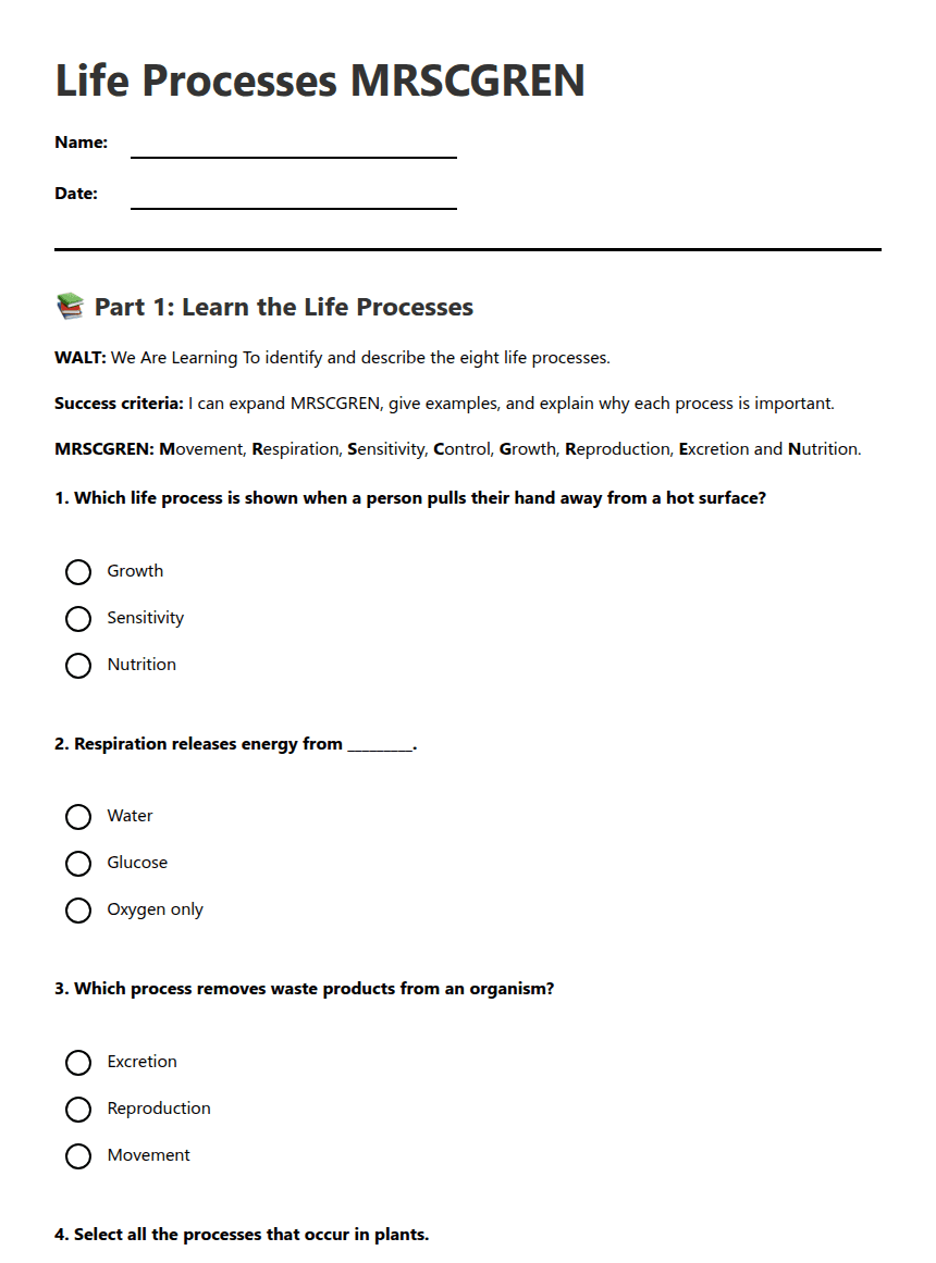 Life Processes MRSCGREN worksheet preview