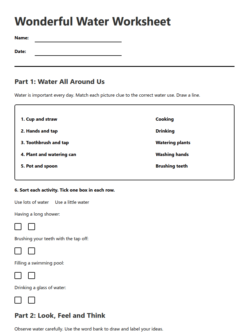 Wonderful Water Worksheet worksheet preview