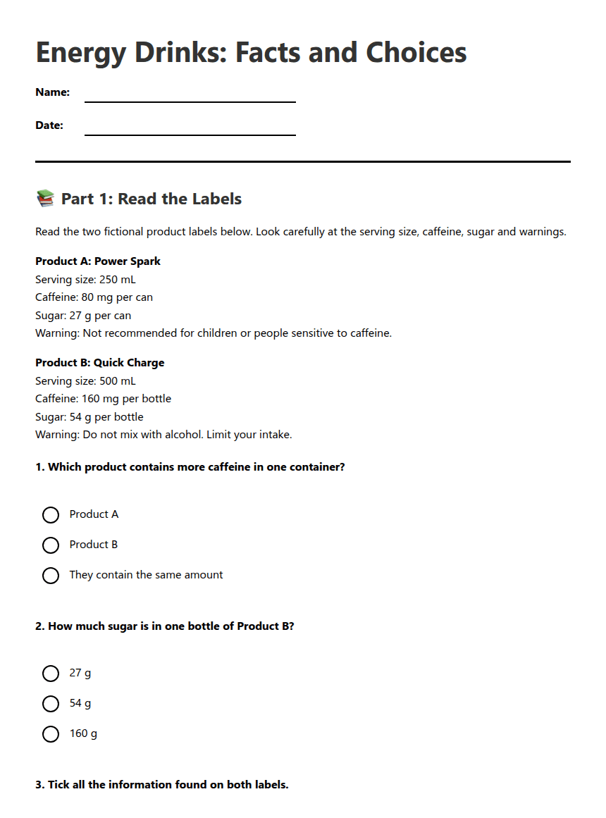 Energy Drinks: Facts and Choices worksheet preview