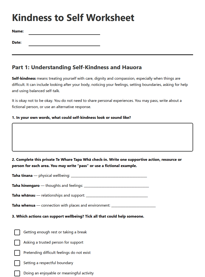 Kindness to Self Worksheet worksheet preview