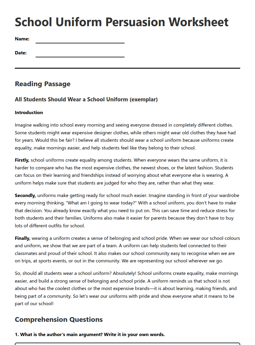 School Uniform Persuasion Worksheet worksheet preview