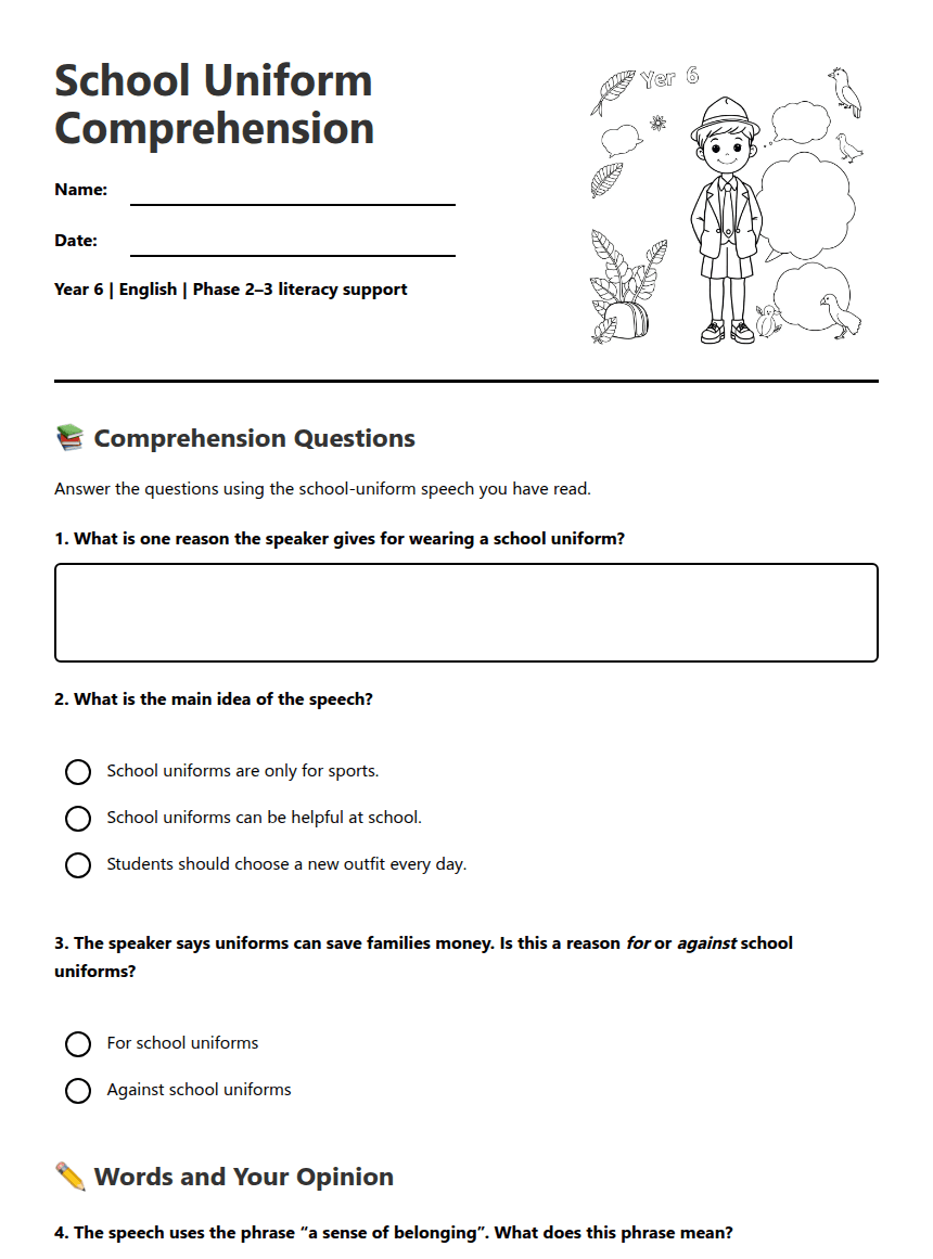 School Uniform Comprehension worksheet preview
