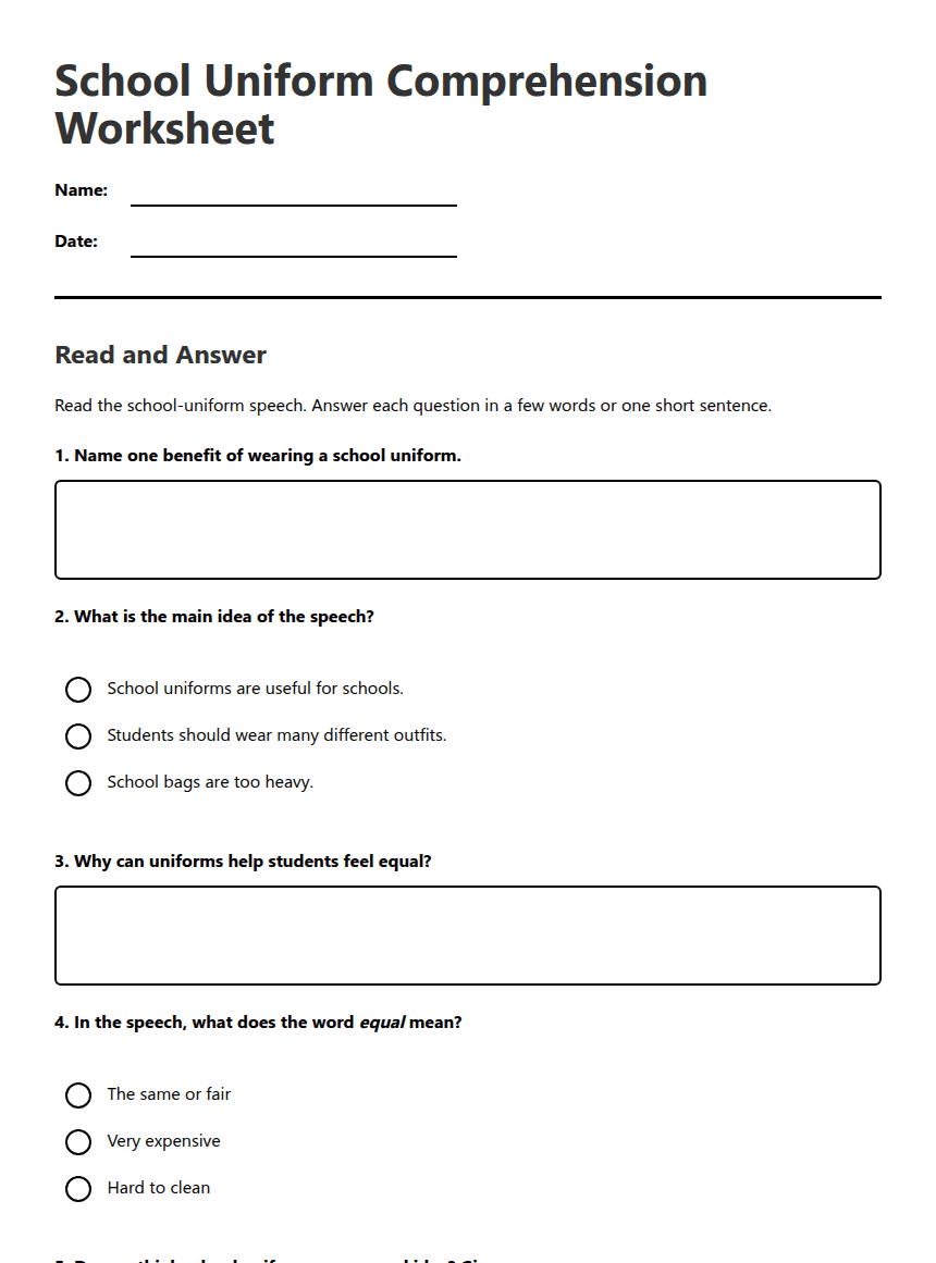 School Uniform Comprehension Worksheet worksheet preview