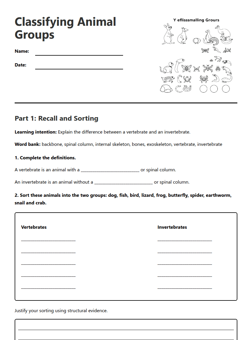 Classifying Animal Groups worksheet preview