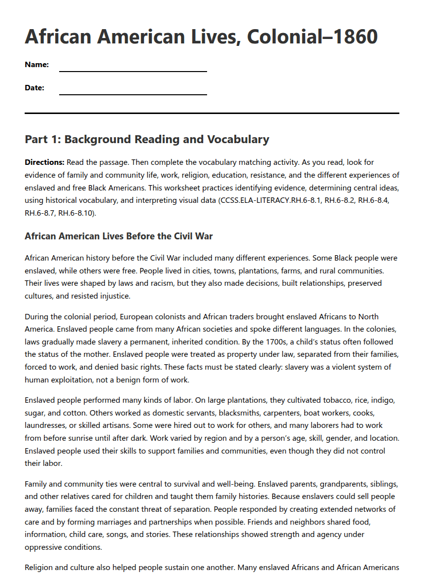 African American Lives, Colonial–1860 worksheet preview