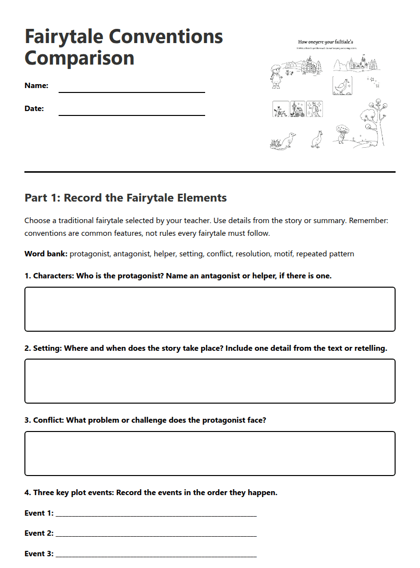 Fairytale Conventions Comparison worksheet preview
