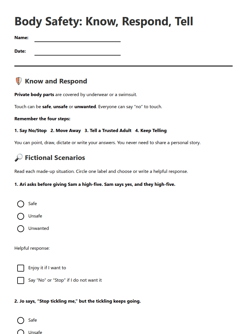 Body Safety: Know, Respond, Tell worksheet preview