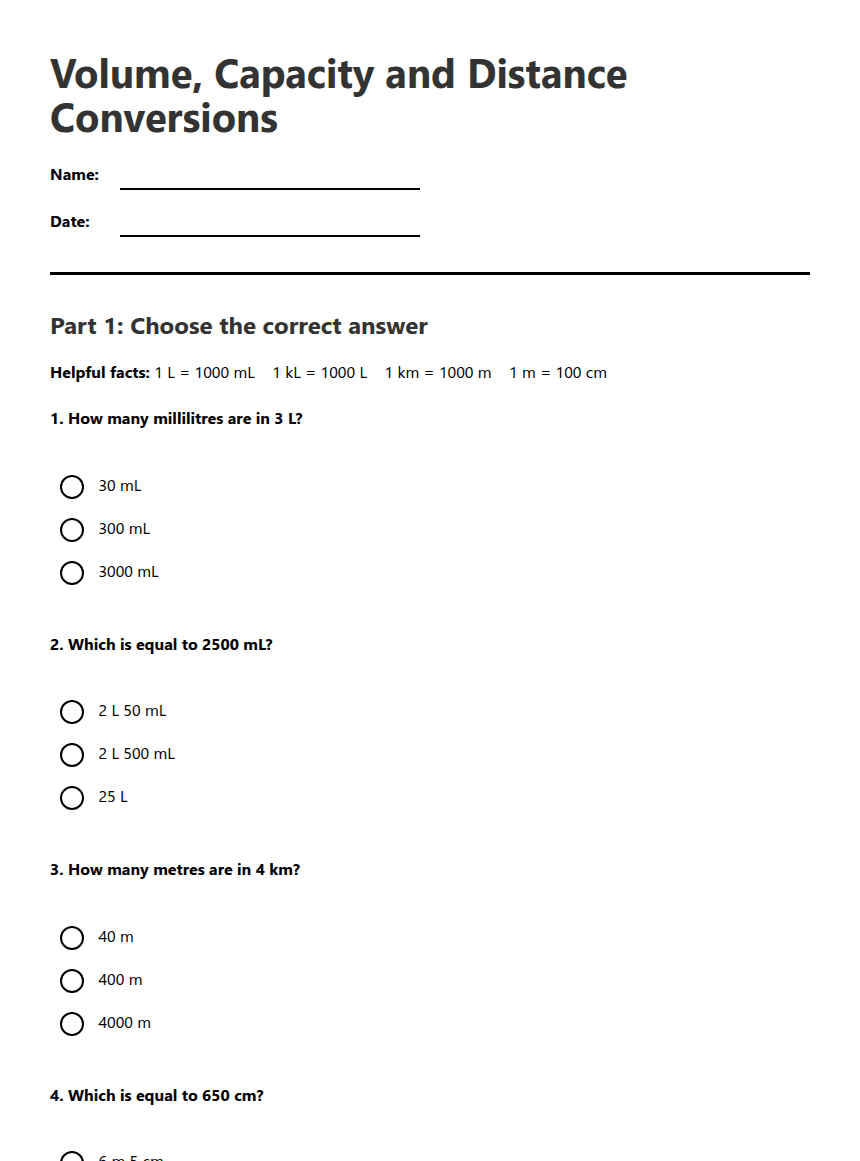 Volume, Capacity and Distance Conversions worksheet preview