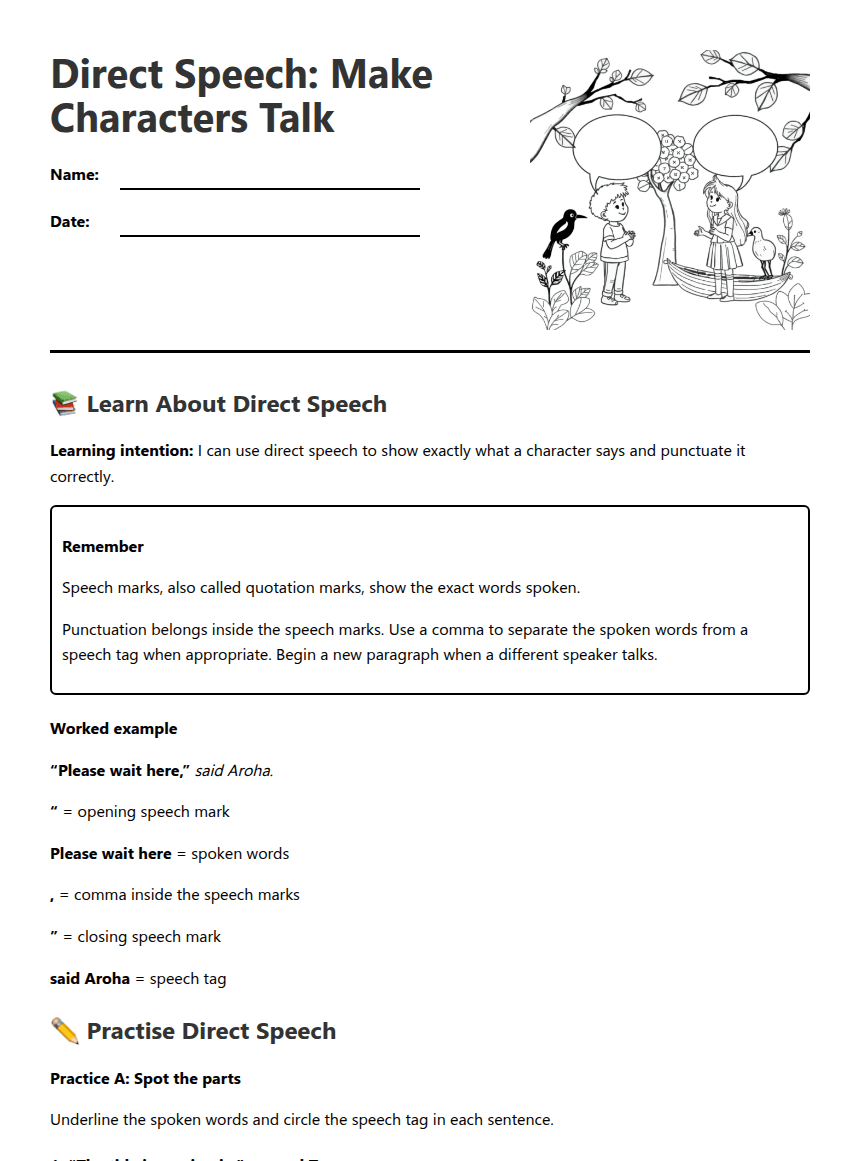 Direct Speech Practice worksheet preview