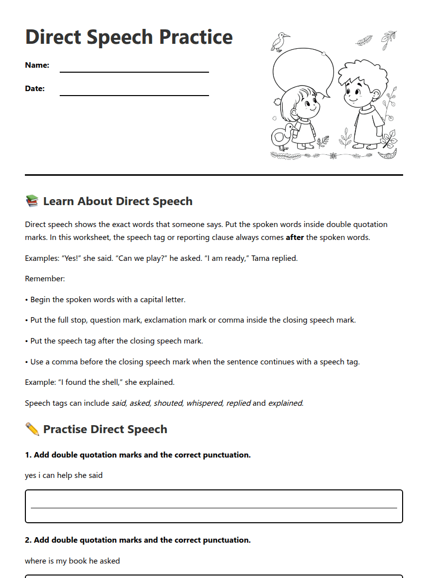 Direct Speech Practice worksheet preview