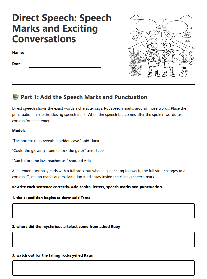 Direct Speech: Speech Marks and Exciting Conversations worksheet preview