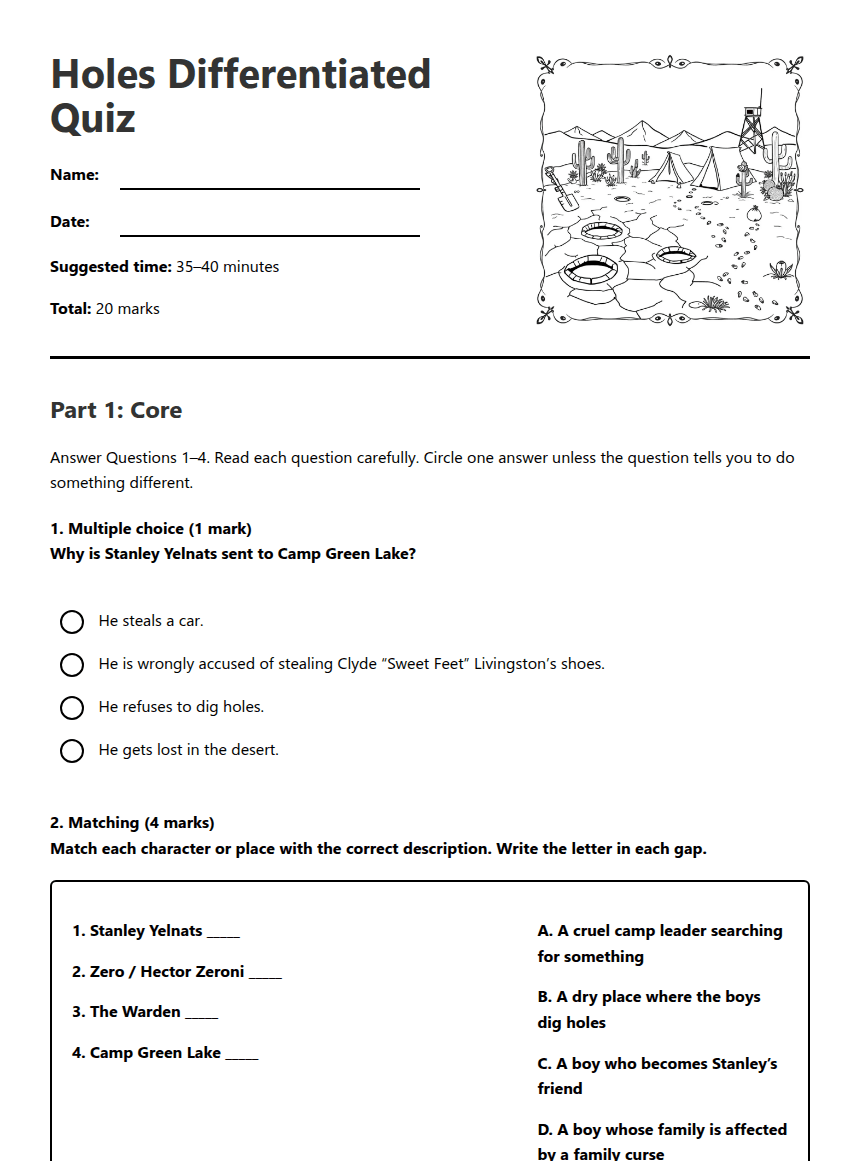 Holes Differentiated Quiz worksheet preview