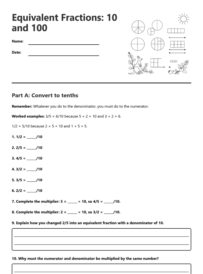 Equivalent Fractions: 10 and 100