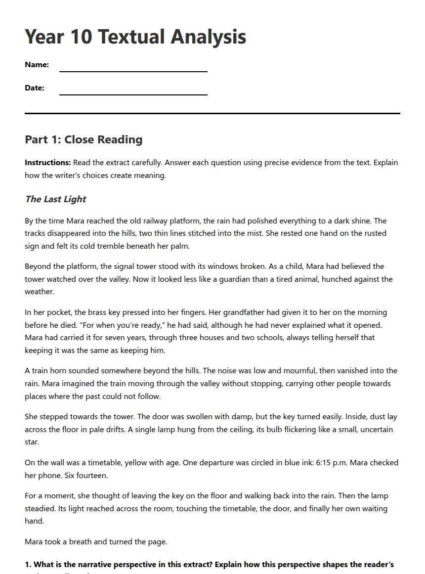Year 10 Textual Analysis worksheet preview
