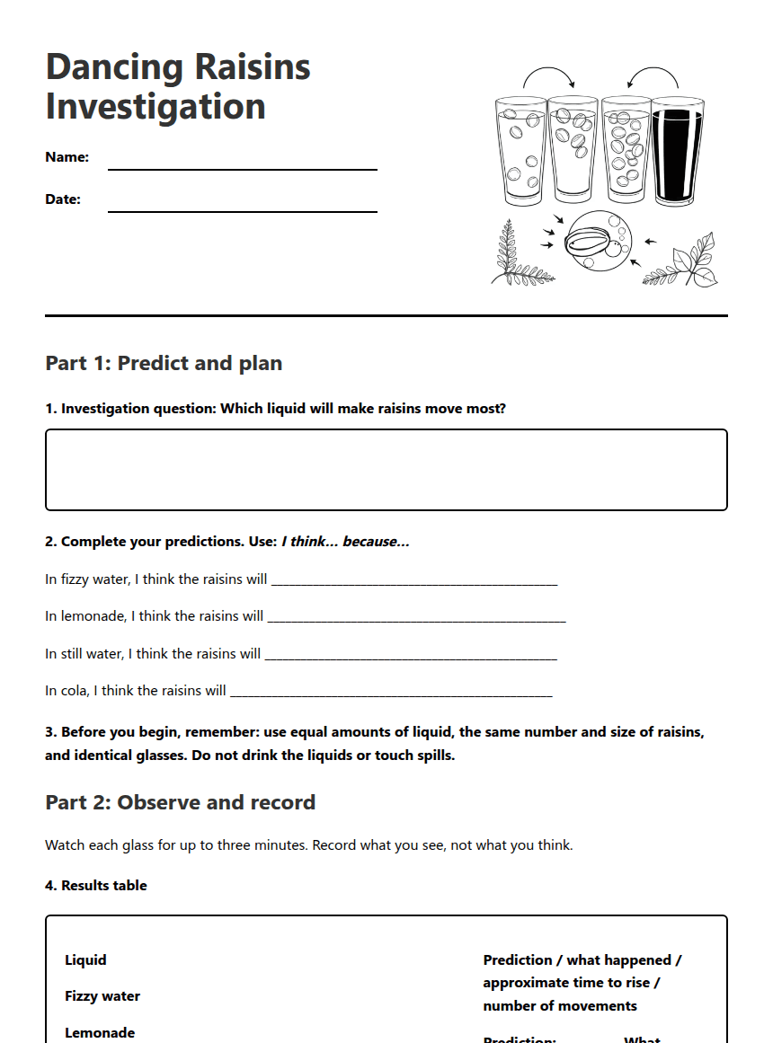 Dancing Raisins Investigation worksheet preview