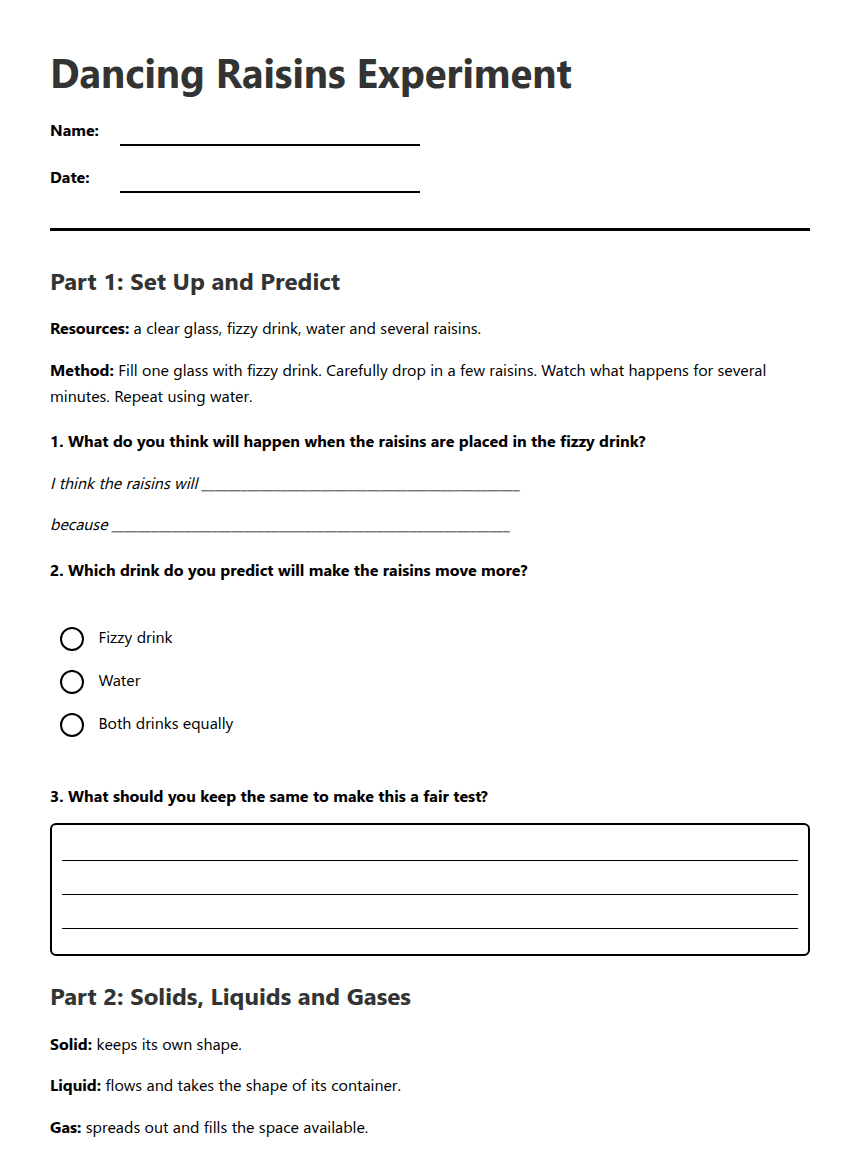 Dancing Raisins Experiment worksheet preview