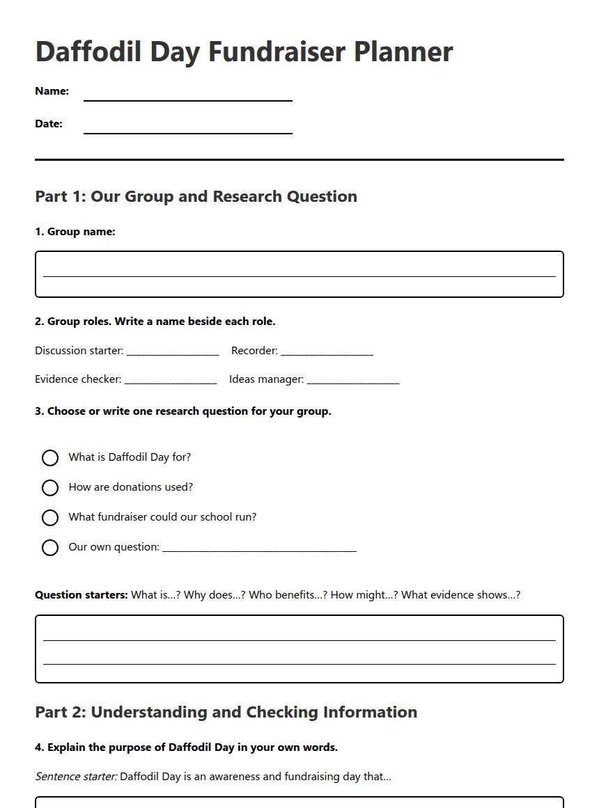 Daffodil Day Fundraiser Planner worksheet preview