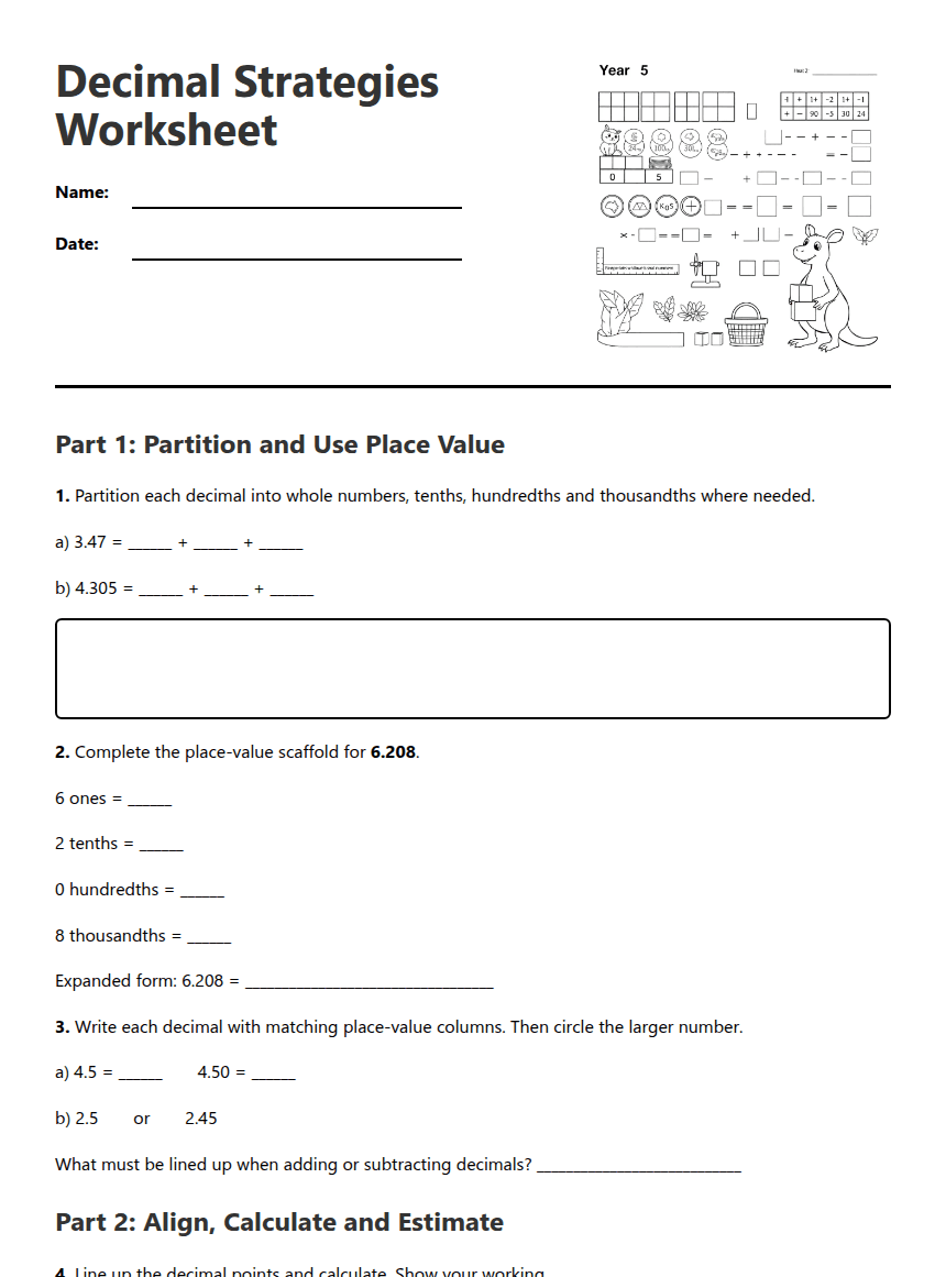 Decimal Strategies Worksheet worksheet preview