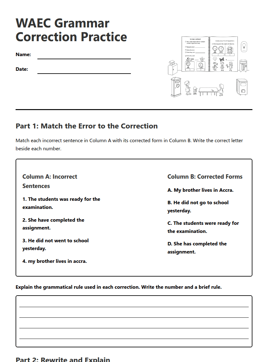 WAEC Grammar Correction Practice worksheet preview