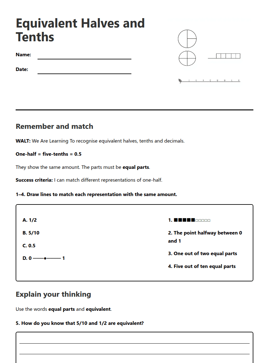 Equivalent Halves and Tenths worksheet preview