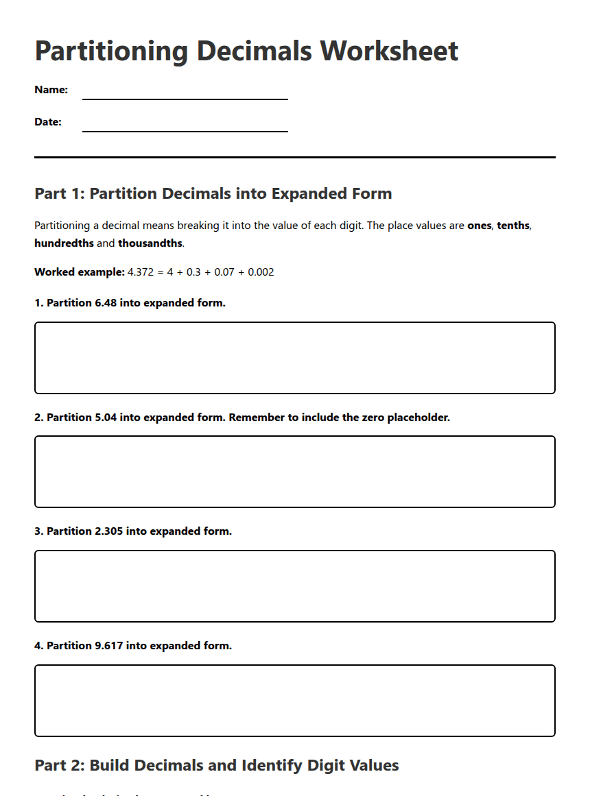 Partitioning Decimals Worksheet worksheet preview