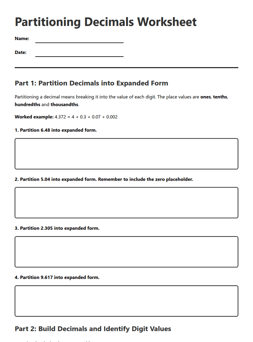 Partitioning Decimals Worksheet