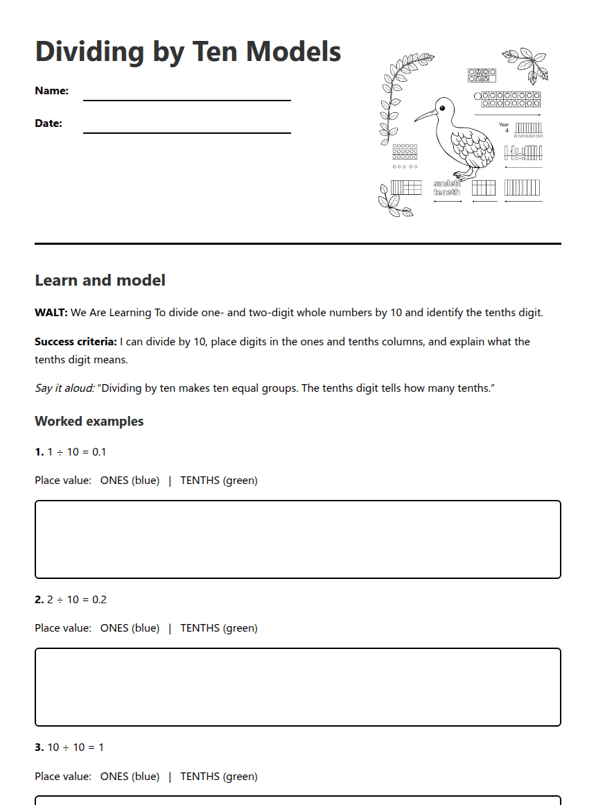Dividing by Ten Models worksheet preview
