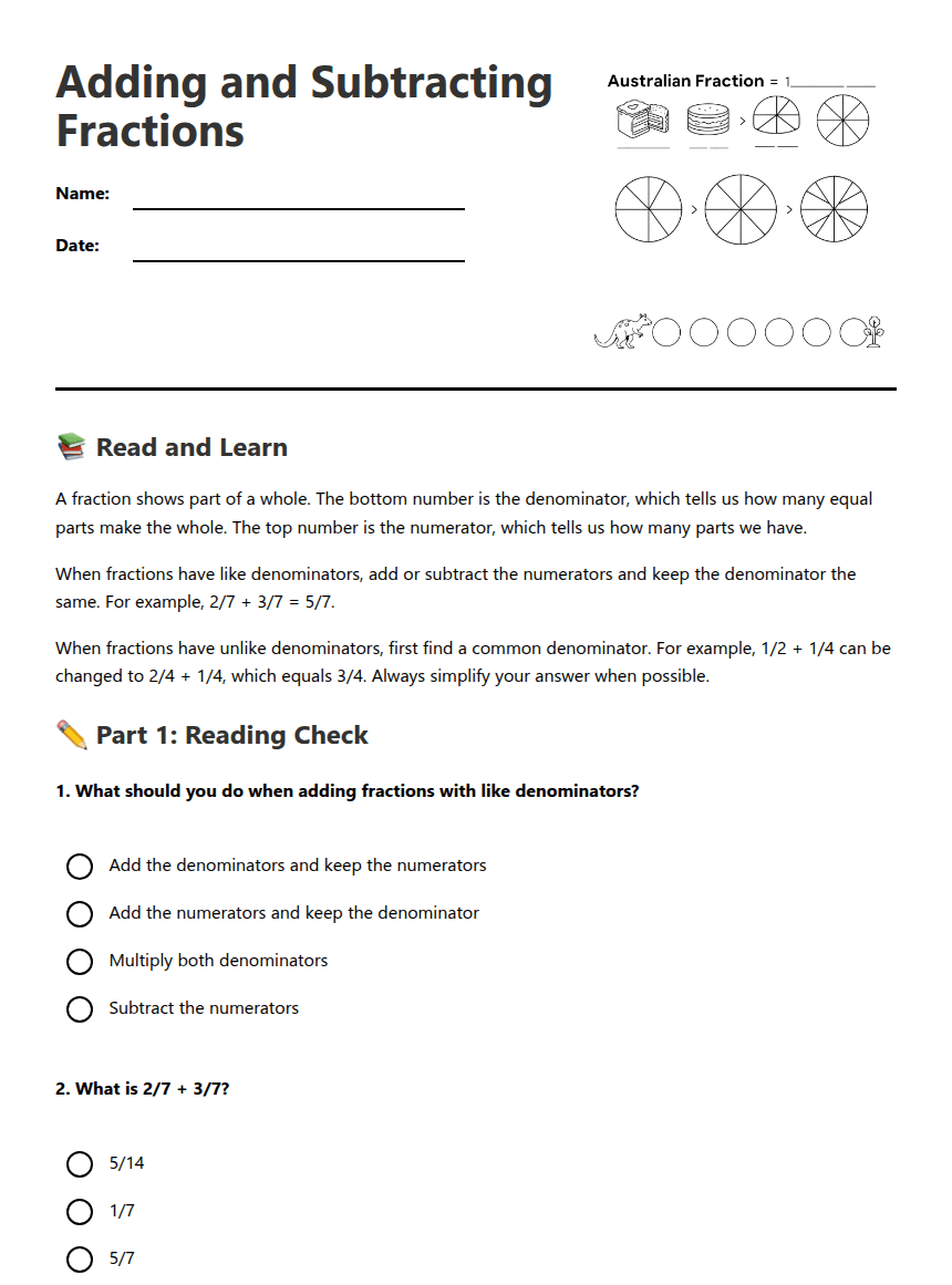 Adding and Subtracting Fractions worksheet preview