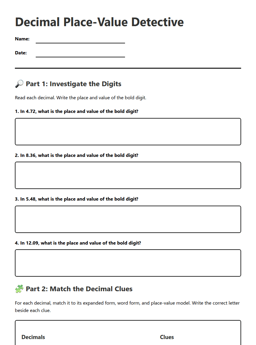 Decimal Place-Value Detective worksheet preview